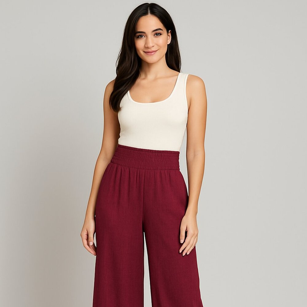 Chic High-Waisted Wide Leg Pants, Size 12, Burgundy / Wine